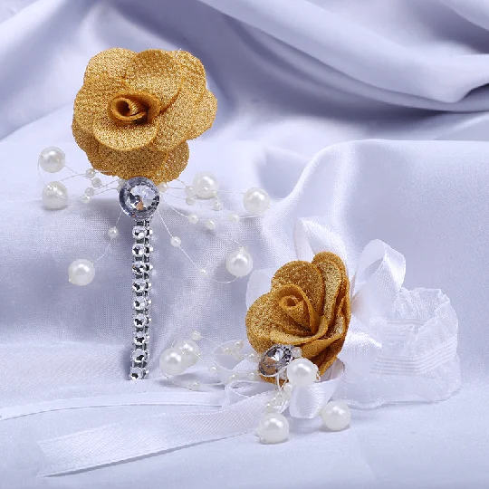 

New Bride Bridesmaid Wrist Flower gold Pearl Weaving Flower Groom Groomsman Corsage Suit DIY Party Supplies T054Z