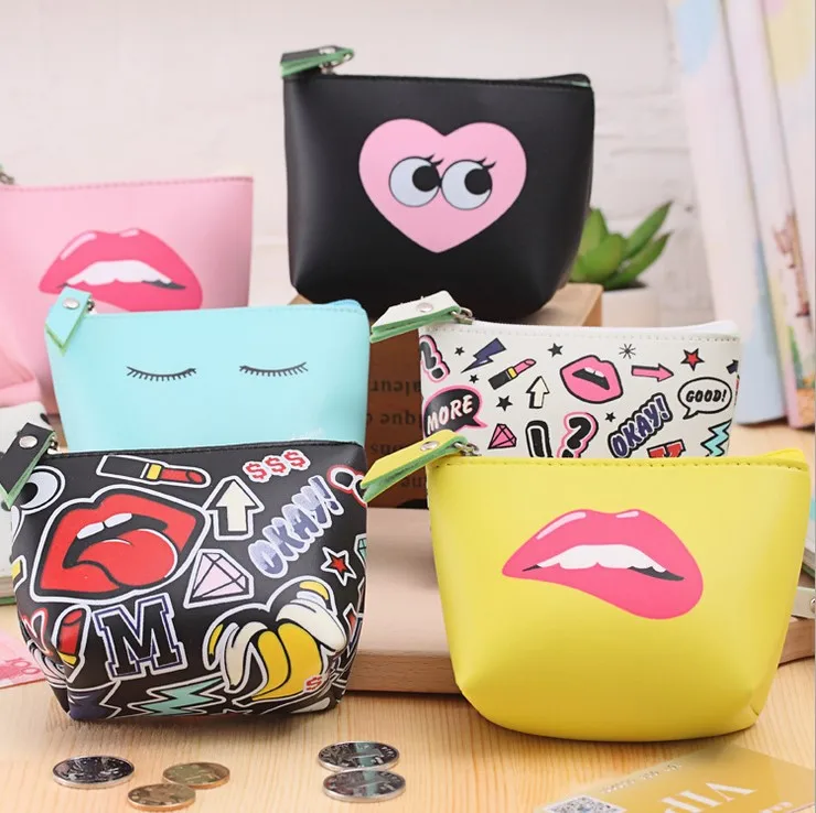 Милый рисунок глаз губ мультфильм женский кошелек монеты Луна маленький PU