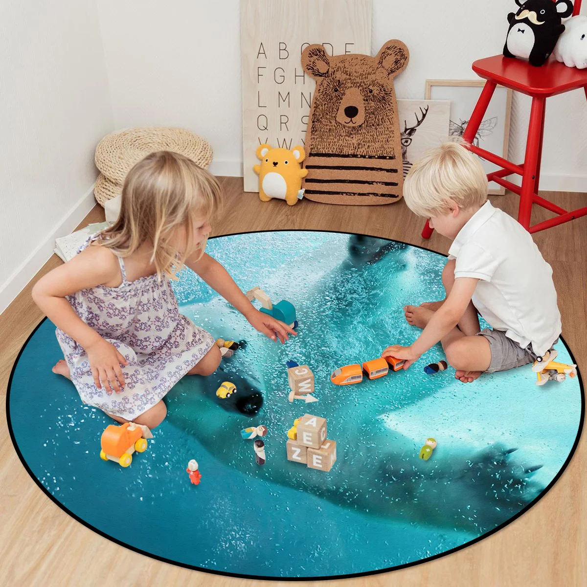 Детские круглые коврики с изображением животных голубого морского белого