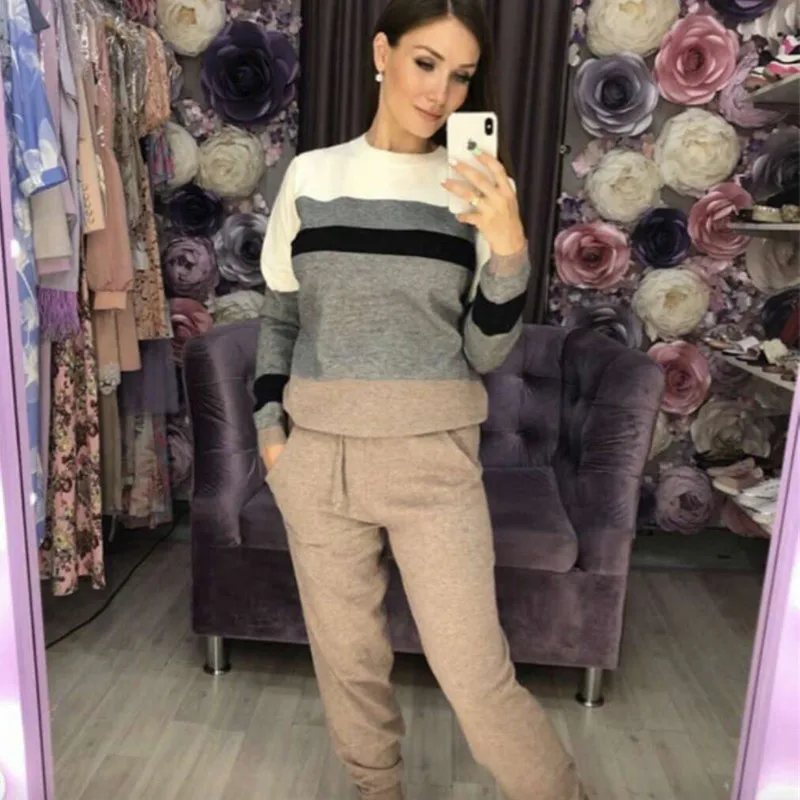 Новый осенний трикотажный спортивный костюм со свитером Женский комплект из 2