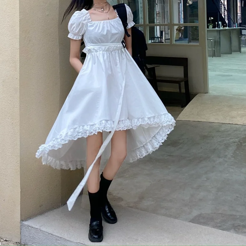 

Irregular Women Summer Lace Dress Female Square Collar Korean Elegant Vintage Puff Sleeve Splice Midi Long Dress Vestidos 2021