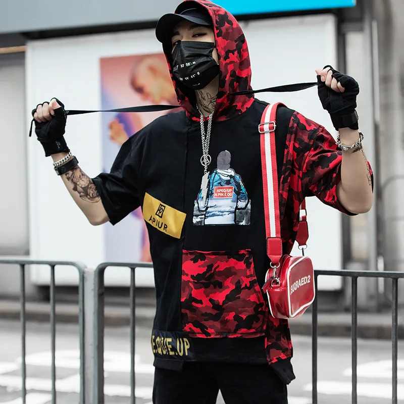 Футболки в стиле Харадзюку С Капюшоном пэчворк Мужская футболка летний свитшот