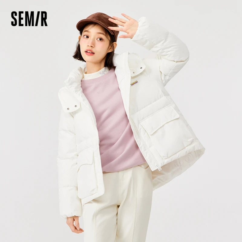 

SEMIR Down Jacket Women Design Sense White Duck Down Hooded Thick Top 2021 Winter New Full-Print Bread Jacket Loose