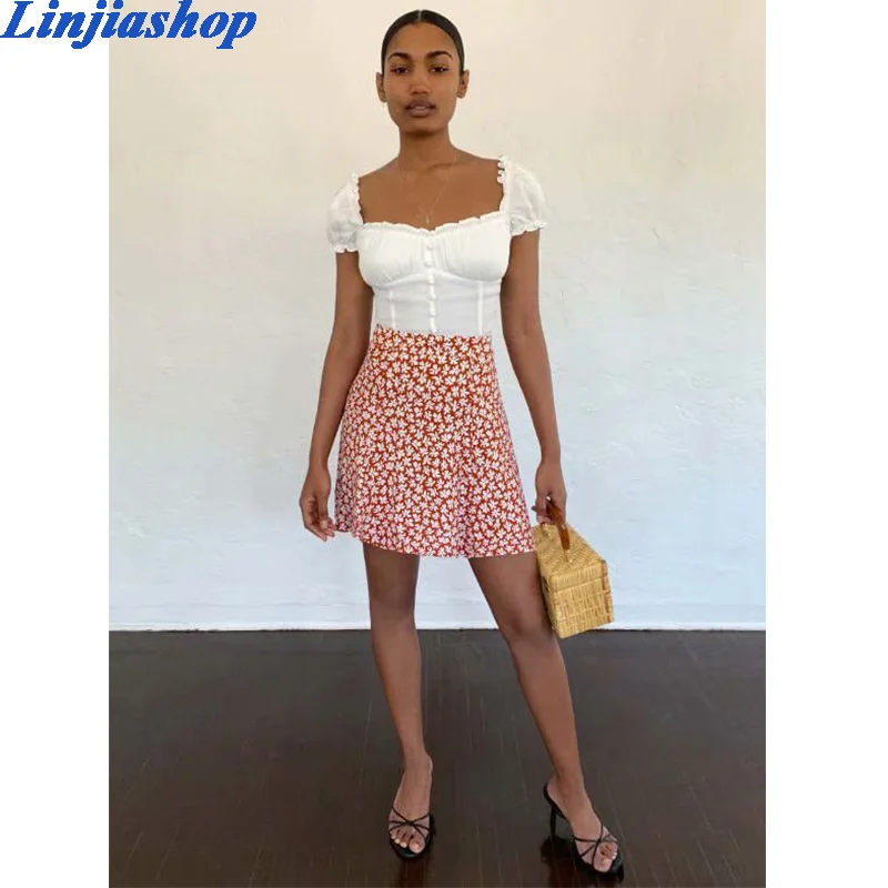 

Elegant women red bodycon mini pencil skirt spring summer england style high waist floral print skirt femme vestidos faldas