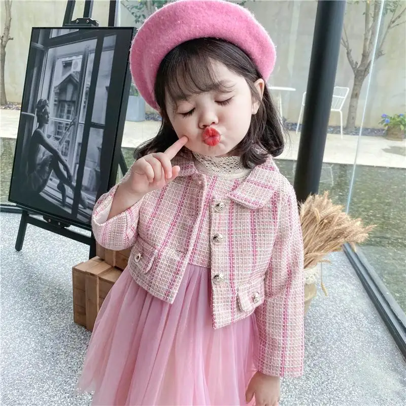 

Girls Outfits 2020 New Pink Long Sleeve Coat+gauze Sundress Fashion 2PCS Baby Girl Sets Baby Clothes 1-7Y E11045