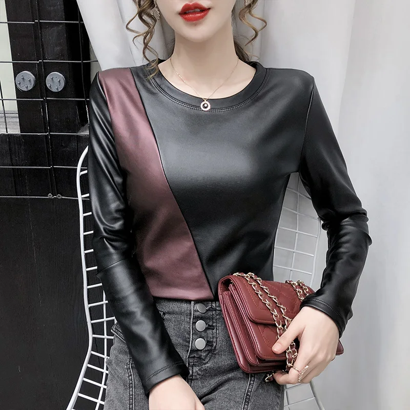 

2020 Autumn Winter Stitching O-Neck Women T-Shirt Fashion Long Sleeve Stretch Velvet PU Leather Tops Plus Size Bottoming shirt