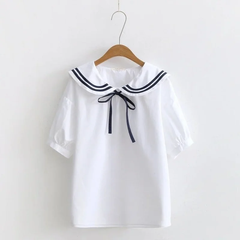 

Sweet Style Sailor Collar Short Sleeve Shirts Women New Summer Preppy Style Bow Tie Striped Hit Color Cute Blouse for Student