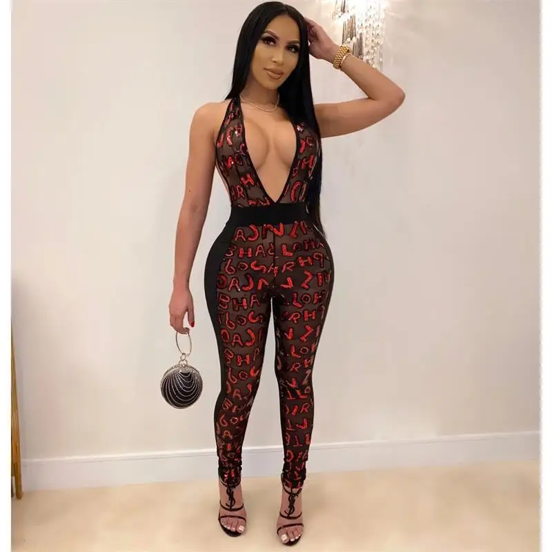 Женский комбинезон сексуальный с глубоким v образным вырезом и открытой спиной