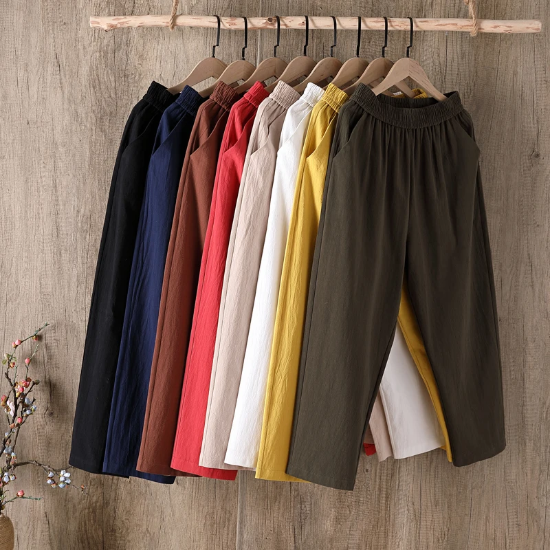 

2021 Spring Summer New Pants Female Cotton Linen Loose Fashion Large Size High Waist Nine-Point Harem Pants Pantalon Pour Femme