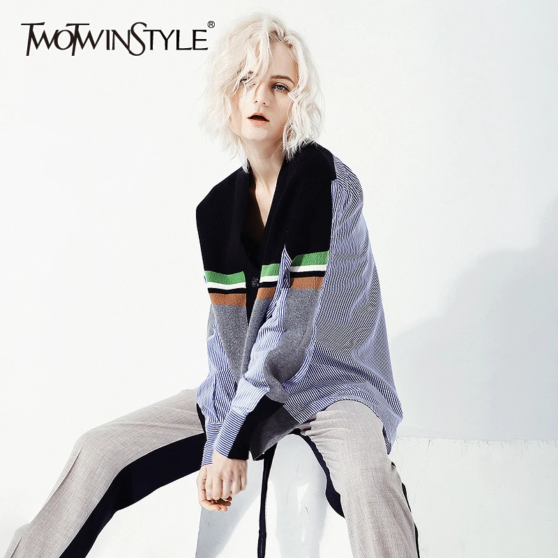 Женская Асимметричная блузка TWOTWINSTYLE Свободная трикотажная с длинным рукавом и v