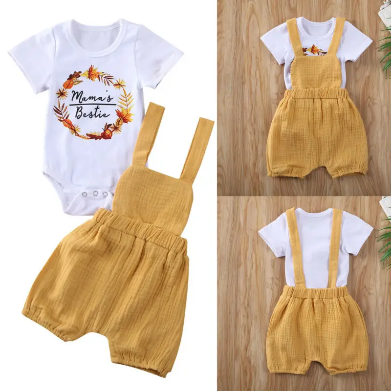 

AU/детская футболка для новорожденных девочек, комбинезон + штаны на бретелях, комплекты одежды