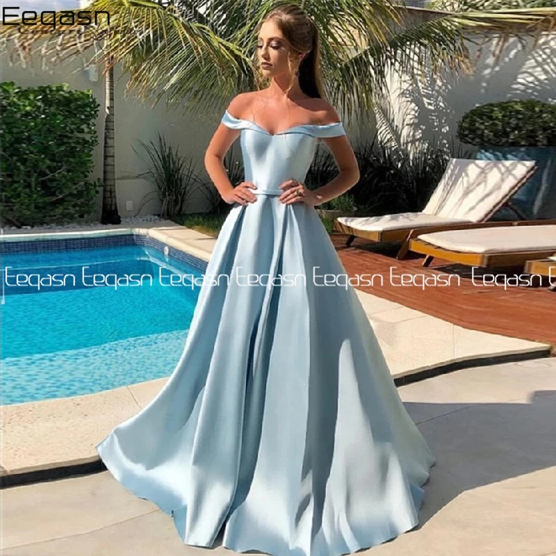 

Eeqasn Long Sky Blue Prom Dresses Satin Backless Evening Gown Formal Evening Party Gown Robe De Soiree Plus Size 2020