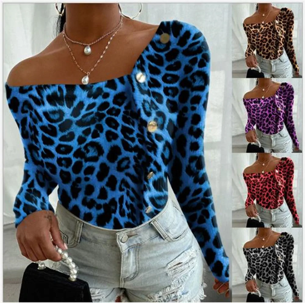 

Long Sleeve Oversized Tshirt Women Sexy Leopard Printed Slash Neck Irregular Button Up Tops Casual Pullover Female Tee
