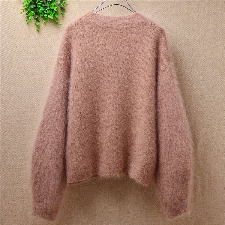 women o-neck long sleeve rabbit fur cony hair knitwear solid basic pullover autumn sweater loose mink cashmere blouses | Женская одежда