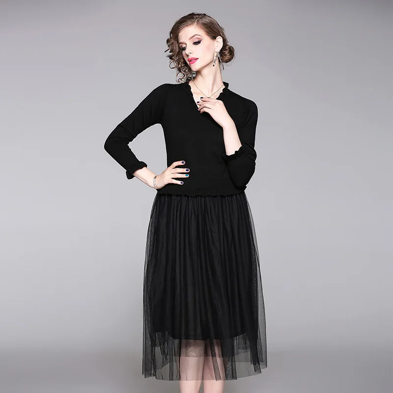 Женское длинное платье из тюля с V-образным вырезом и оборками | Женская одежда