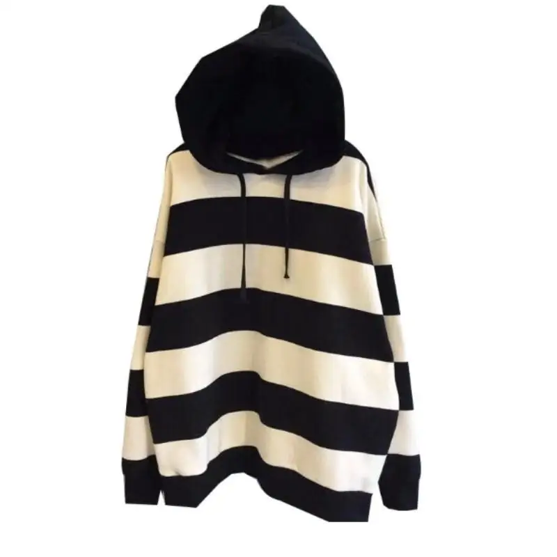 

VANOVICH 2022 Autumn and Winter New Korean Fashion Panelled Striped Wild Hoodie Oversized Causal Hooded Women Pullover