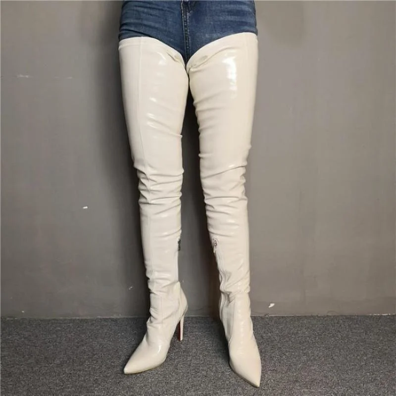 

White Crotch Patent Leather Pointed High Heel Over-the-knee Men's Slim Elastic Custom Sexy Boots Nightclub Shoe