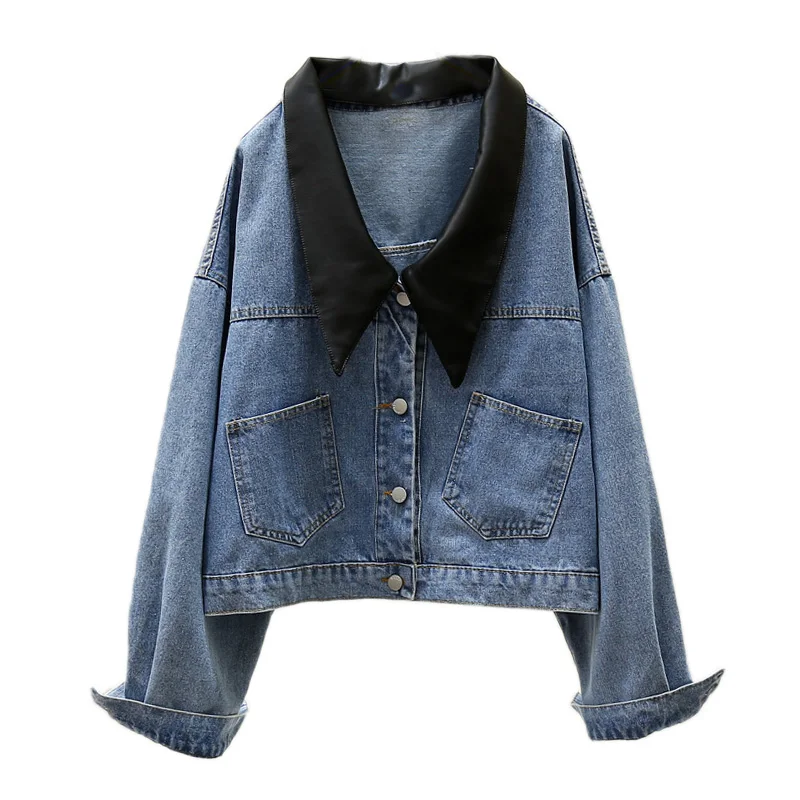 

Hot Selling Short Denim Jacket Street Trendy Girls Retro Style Pockets Patched Removable PU Collar Fall Jacket for Women
