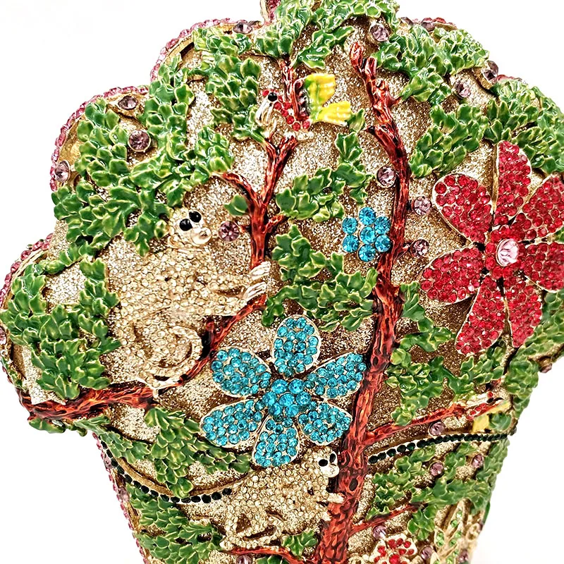 Women evening party animal monkey diamonds clutches tress shape luxury clutch bridal wedding jungle flower crystal purses | Багаж и сумки