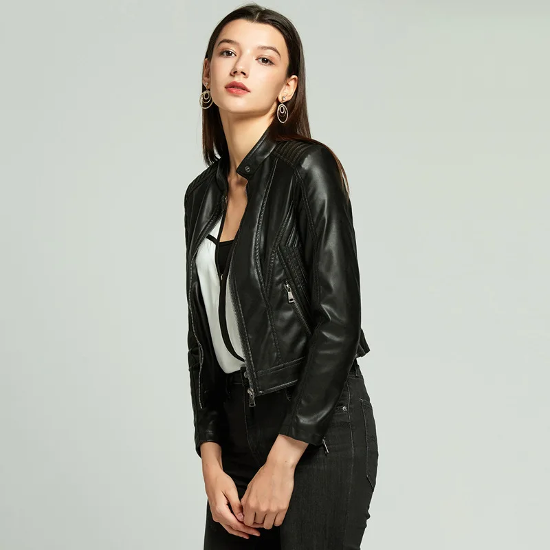 Женская короткая байкерская куртка из искусственной кожи весна осень 2020|Кожаные
