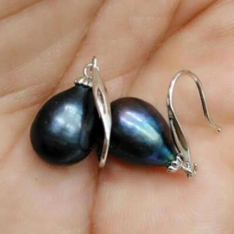 

free shippingnoble jewelry hot real photos10-12 MM AAA+ BLACK Dripping PEARLS EARRING 14K/20 YELLOW GOLD hook