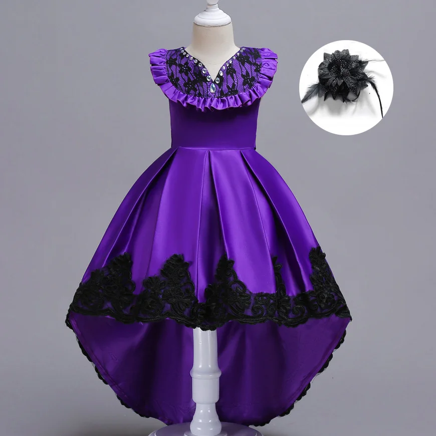 purple Мятно-зеленое короткое спереди длинное сзади платье с цветочным рисунком для девочек младшего возраста, свадебные платья Детские пышные платья со шлейфом, королевское синее платье для девочек - Цвет: purple