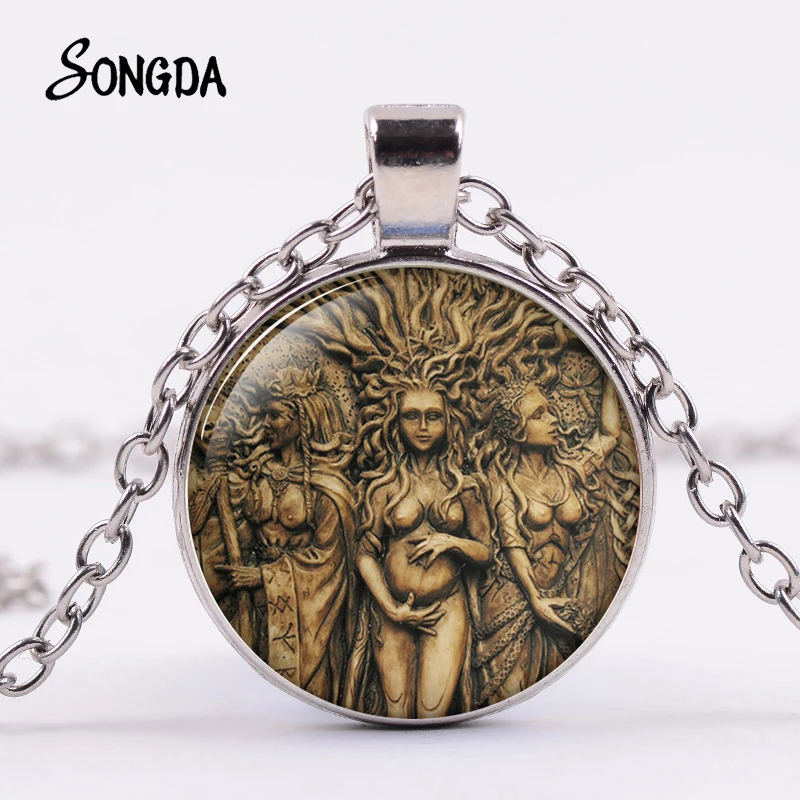 В стиле ретро Триединая луна ожерелье богини Wicca пентаграмма Древо жизни Стекло