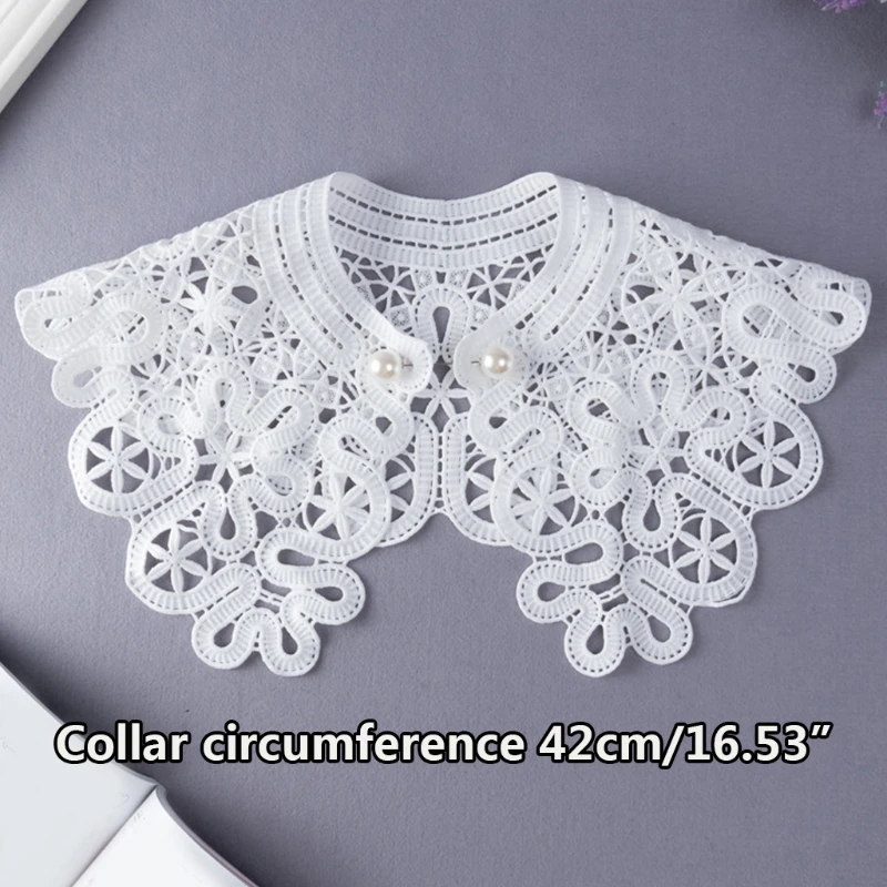 

Korean Style Hollow Out Lapel Fake Collar Shawl Wrap Embroidery Floral Lace Decorative Necklace with Faux Pearl Brooch Pin Half