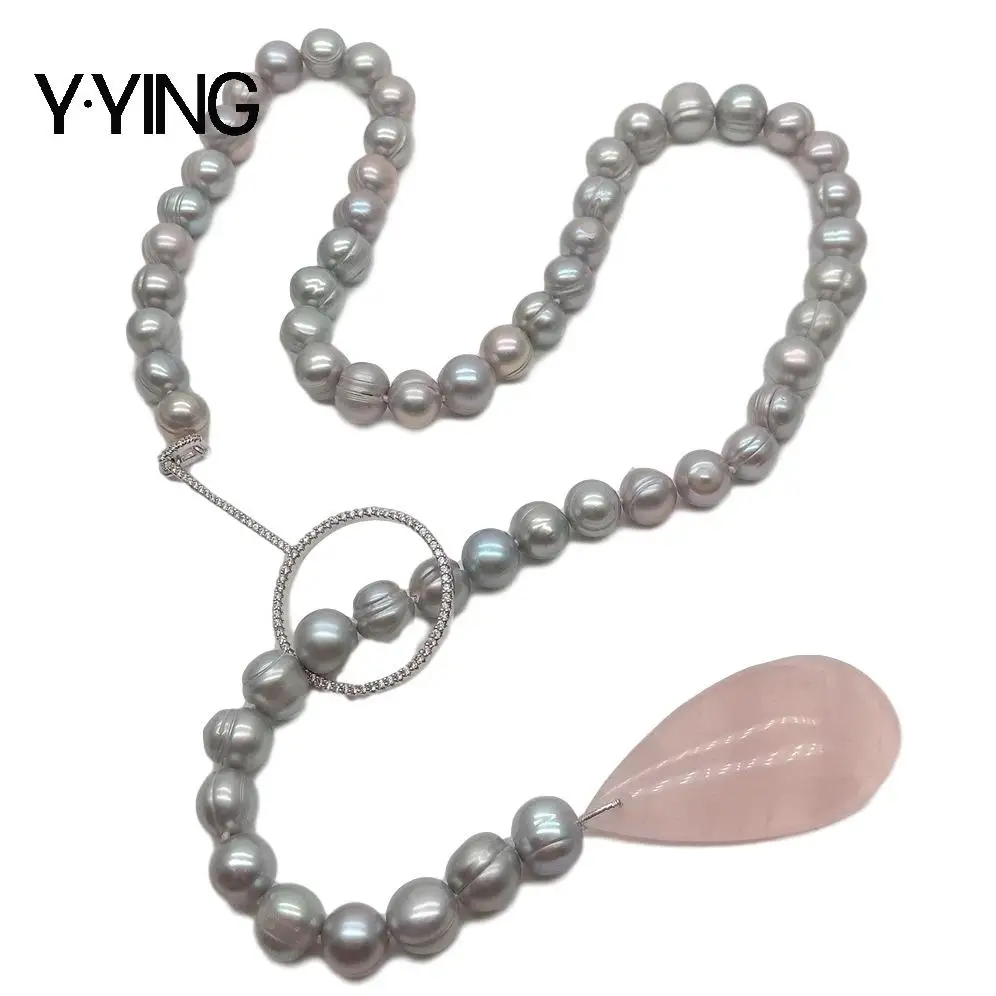 

Y·YING 27" Freshwater Grey Pearl Cz Pave Loop sweater chain Necklace natural teardrop Rose crystal Pendant necklace for women