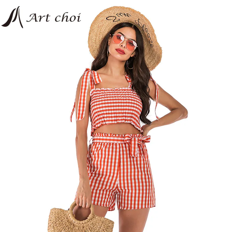 

Summer Two Piece Sets Casual Outfit Suits Women Plaid Bandage Crop Tank Tops Vest Linen Shorts Pants Beach Boho 2 Piece Sets