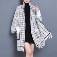 plaid fringed knitted sweater poncho women long sleeved pocket temperament was thin and loose sweater poncho femal spring autumn