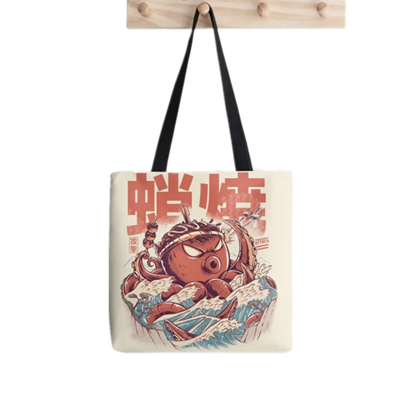 

Сумка-шоппер Takoyaki с принтом атаки, женская сумка для покупок в стиле Харадзюку, холщовая сумка-шоппер, женская сумка-тоут