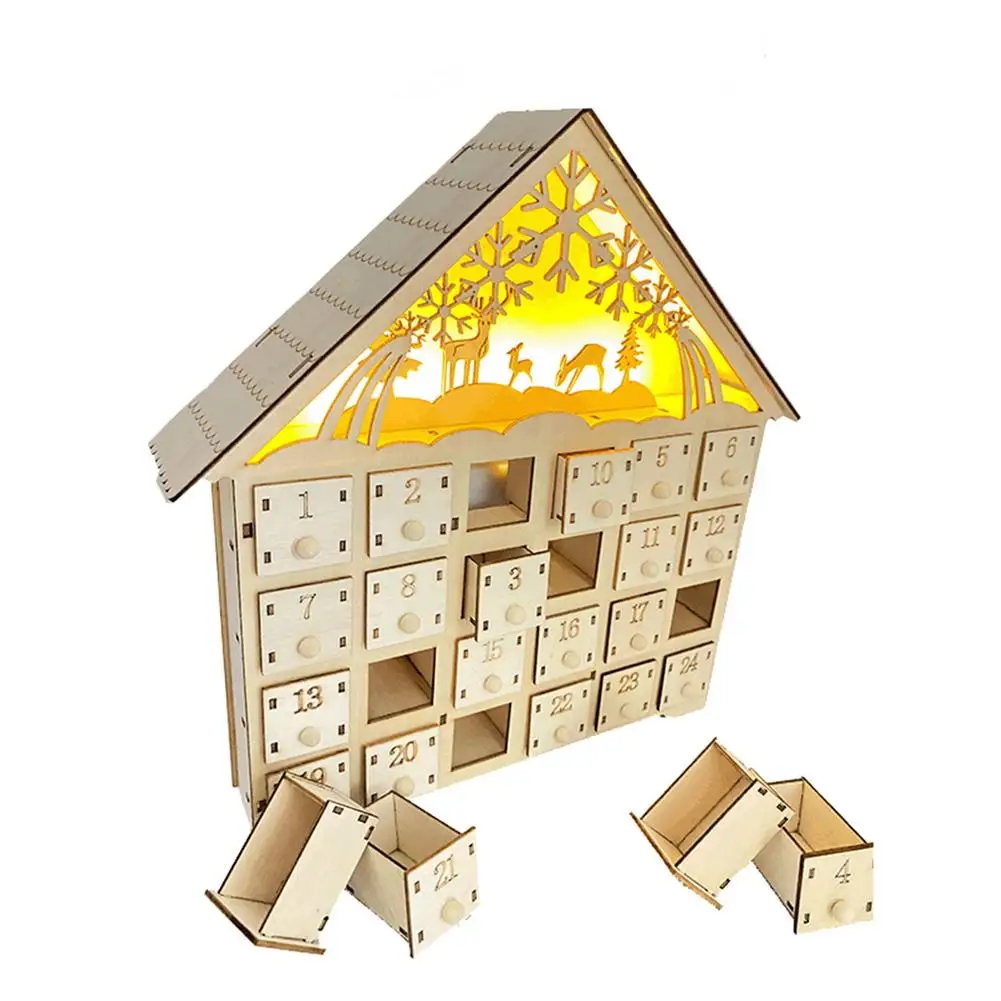 

Календарь с обратным отсчетом на Рождество, деревянный календарь с LED светильник кой и 24 ящиками для хранения