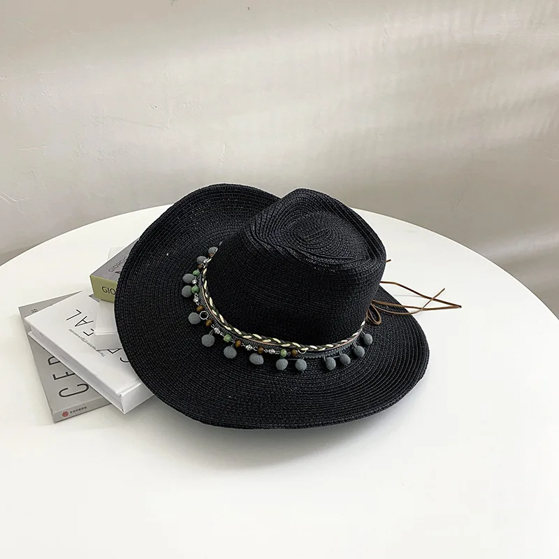

Men Hat Cowboy Western Straw Panama Hat Decorate Wide Brimmed Hats For Summer Male Hat 2021 New Arrival Women Curved Brim