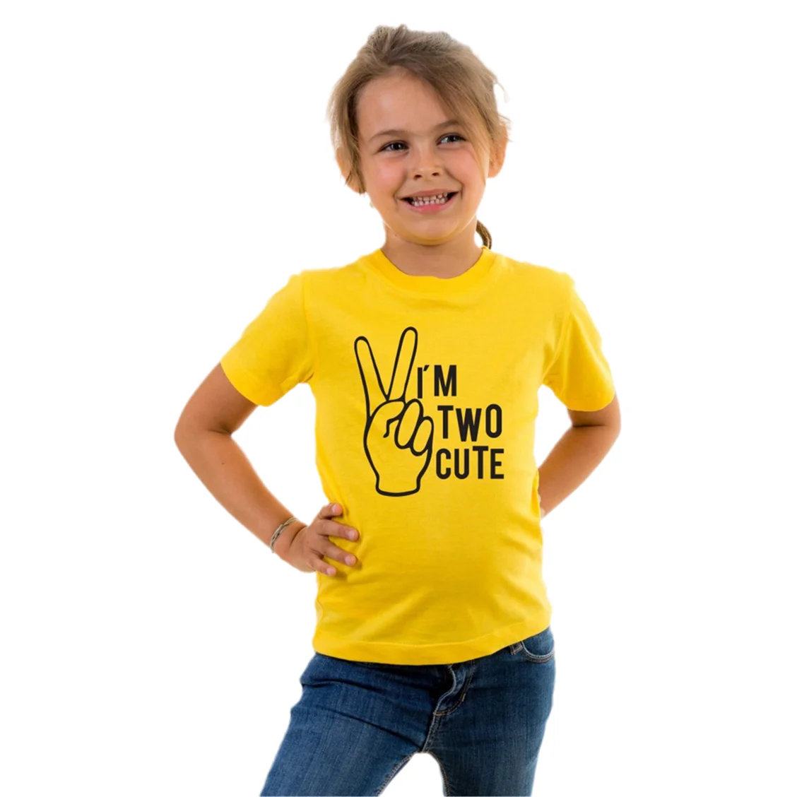 

Я два детская одежда желтого цвета женская летняя модная одежда для маленьких девочек, Милая футболка хлопковая рубашка для девочек феминистский Топ
