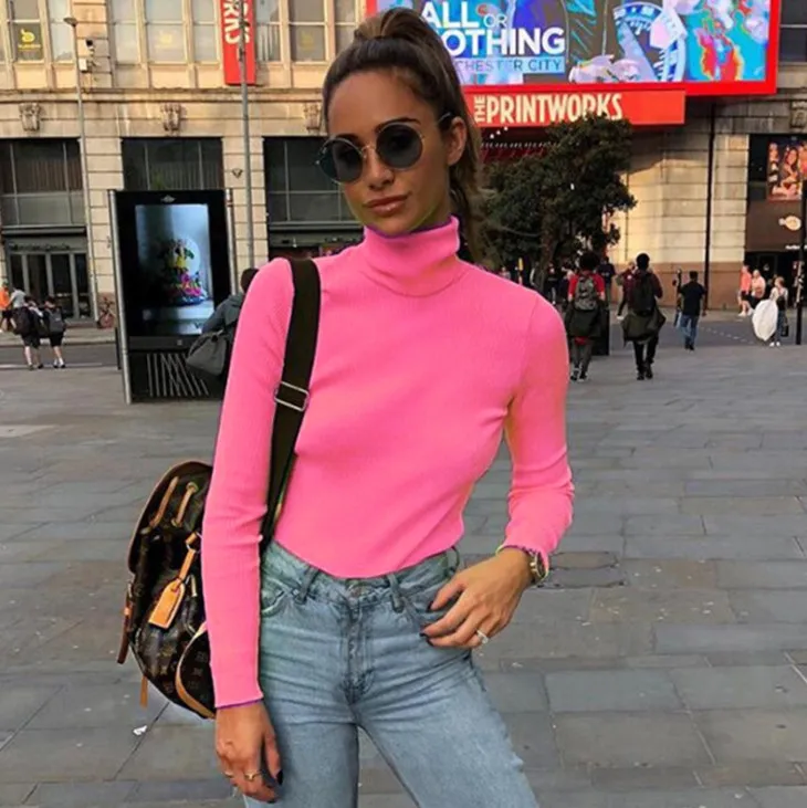 Осень Зима неоновый цвет ребристая футболка для женщин с длинным рукавом