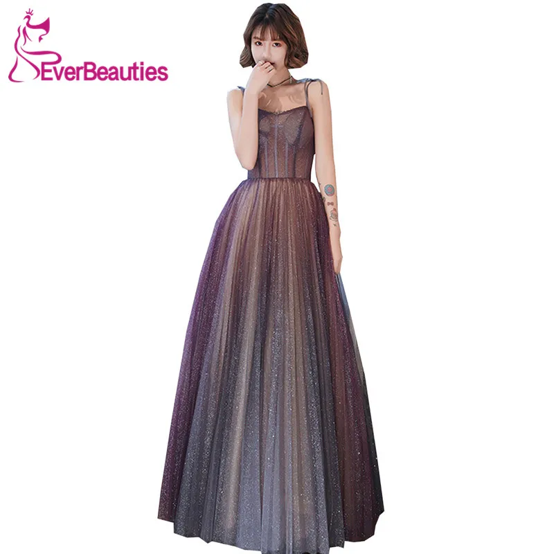 

Shiny Tulle Long Prom Dresses 2020 Avond Jurk Glittery Occasion Dress Long Evening Gowns Spaghetti Straps Robe De Soiree