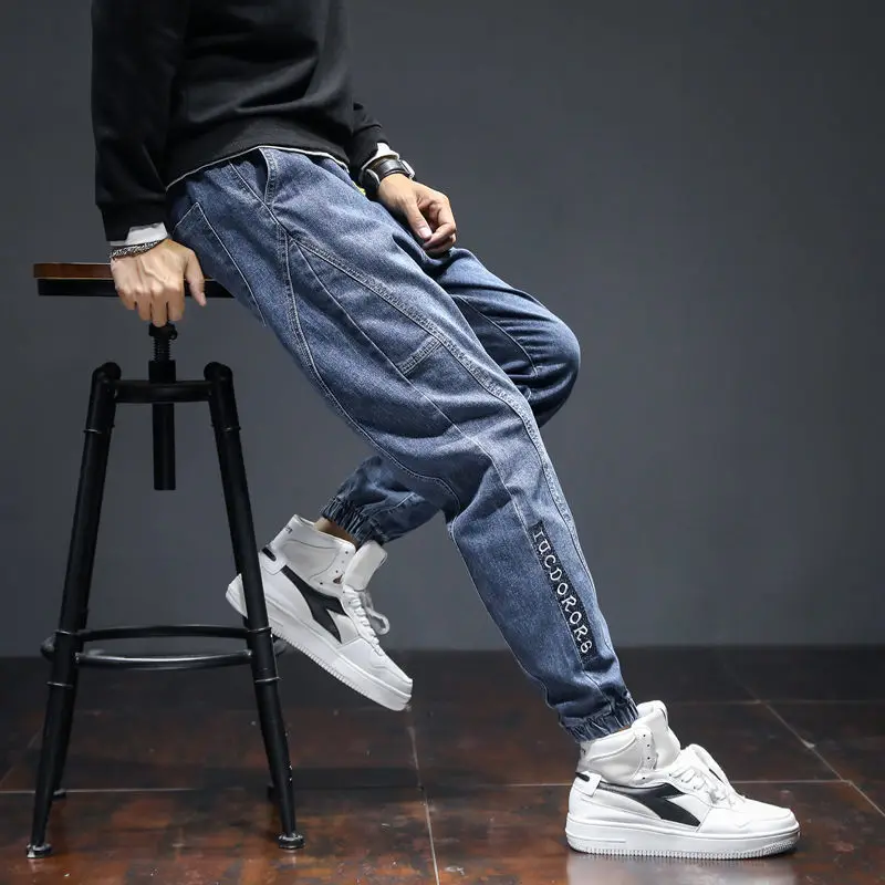 Men's Cotton Harem Pants Loose Patchwork Jeans Straight Elastic Waist Hip Hop Trousers Oversized Cargo Pants Men Denim Jeans 5xl