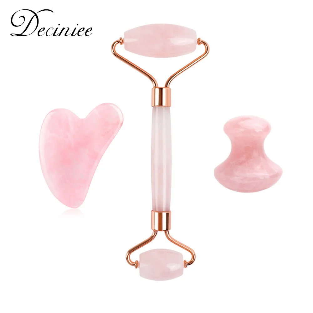

3pcs Jade Roller Gua Sha Set Scraping Massage Tool Natural Crystal Quartz Mushroom Shape Board for Spa Relaxing Facial Massage