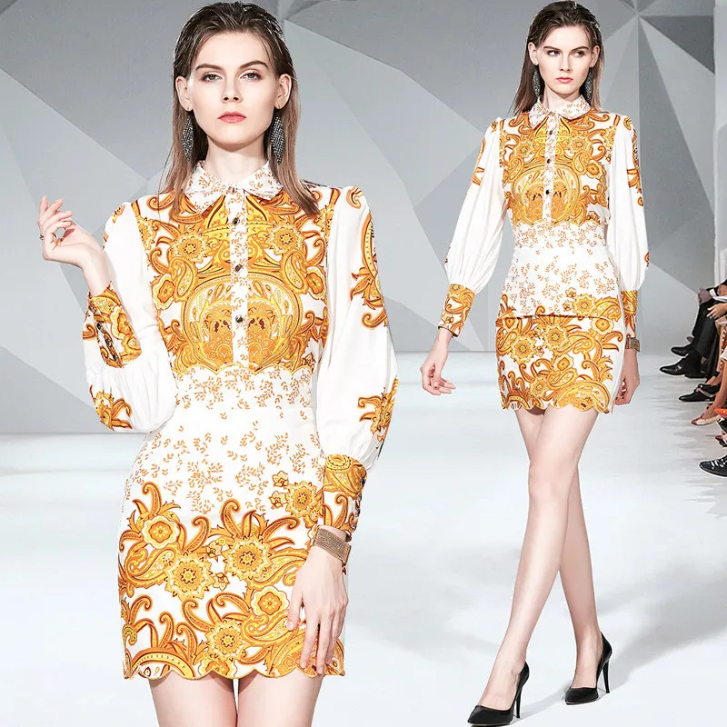 Женский винтажный костюм BLLOCUE подиумный осенний рубашка с золотым принтом +