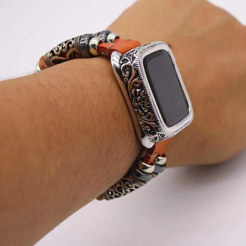 Резные металла чехол с Ремешок для наручных часов Apple Watch, версии 5 4 3 Ретро Браслет для наручных часов iWatch, 40/44/38 мм/42 мм аксессуары для бампера