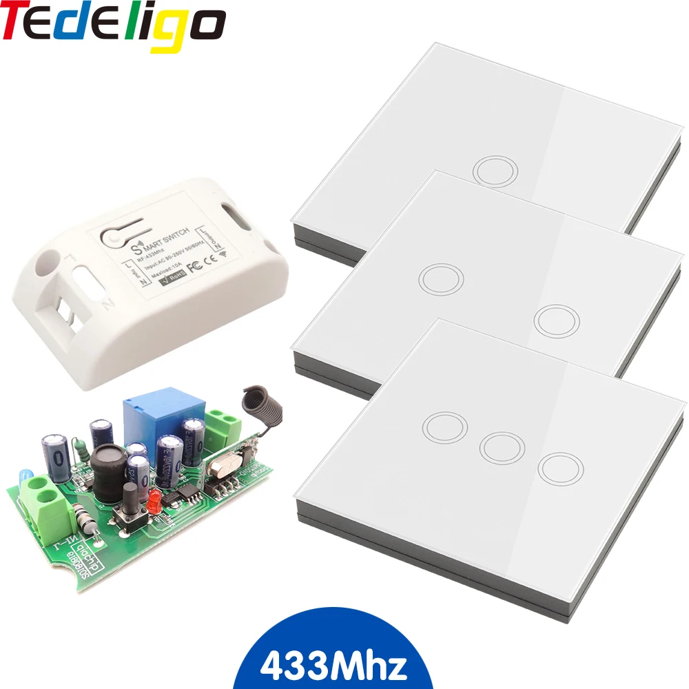 

Smart Home Wireless Touch Switch 433MHz Remote Control Receiver AC 90-250V 10A 1Ch Module 1/2/3 Gang Wall Switch For Light Lamp