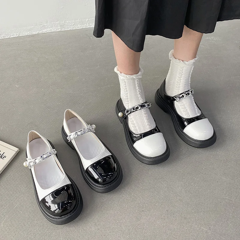 

Korea Style Small Leather Mary Janes Shoes Women 2021 New Autumn Versatile Pearl Retro Mixed Colors Round Toe Pearl Flats Shoe
