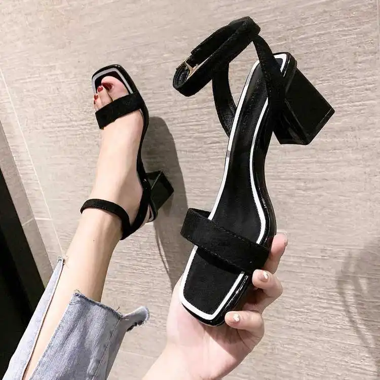 

Sandals women's high heel thick heel square suede women's shoes
