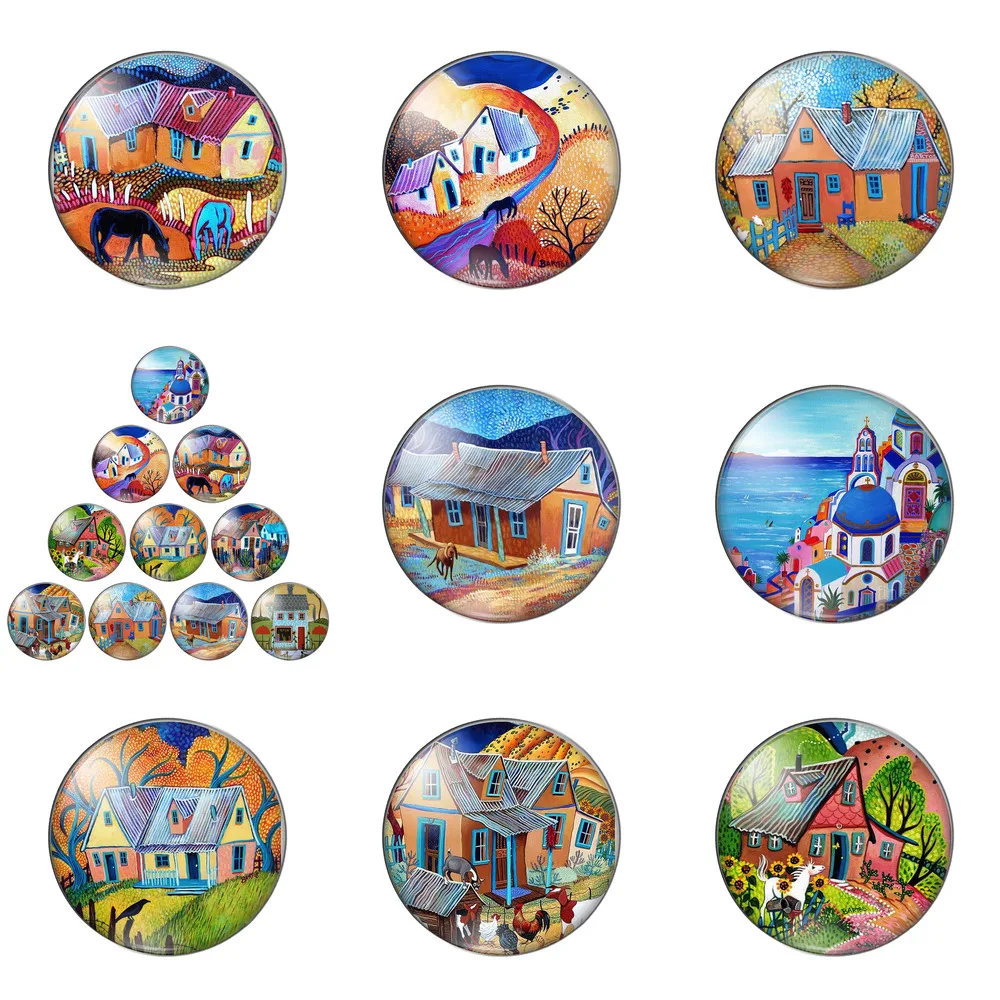 

Hand-painted Country Life Wooden House 12mm/20mm/25mm/30mm Photo Glass Cabochon Demo Flat Back Making Findings