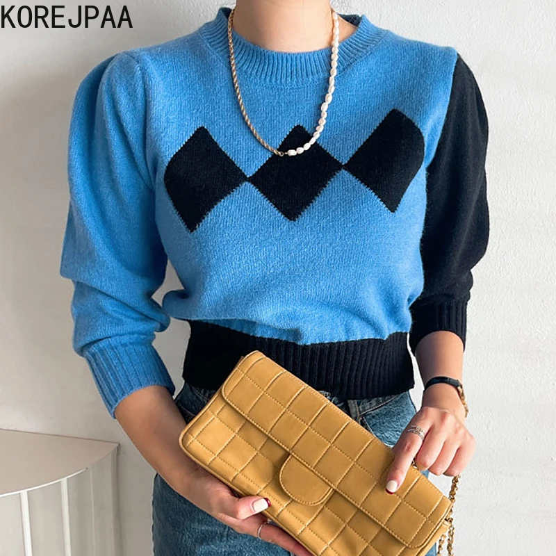 

Korejpaa Argyle Jacquard Sweater Women Korea Retro All-match Round Neck Contrast Stitching Short Long-sleeved Cropped Pullover