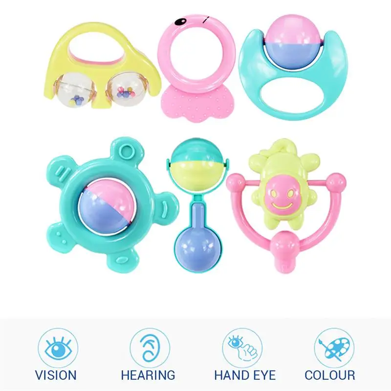 

6pcs Infant Baby Rattles Mobiles Teether Toys Infant Music Lovely Hand Shake Bell Ring Bed Crib Newborn 0-12 Months Teether Toys