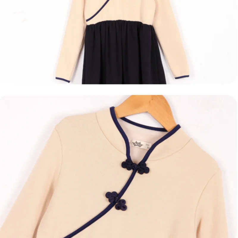

2020 Autumn Winter Teen Girls Fleece Thicken Midi Dresses Children Two Color Patchwork Clothing Kids Fashion Retro Dress, #1157