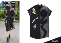 2022 summer woman black midi mesh chiffon shirt dress ruffle embroidery sequined lady sheer voile party dresses robe