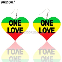 somesoor 3 colors stripes one love slogan wooden both sides printing heart shape drop earrings for women gifts